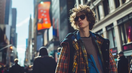 A candid street-style shot capturing a fashionable teenage model in his element, surrounded by the vibrant energy of the city as he navigates the bustling sidewalks with effortless swagger. - obrazy, fototapety, plakaty