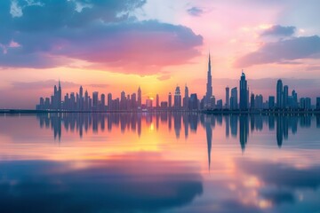 panoramic view of Dubai skyline with reflection in the water