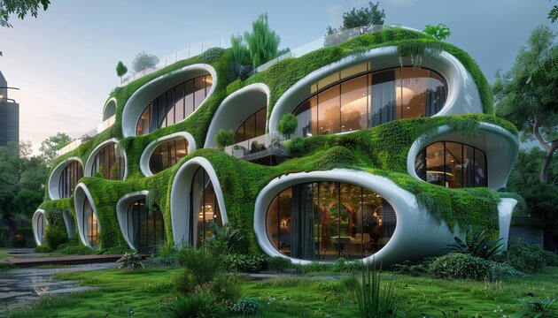 A large white house with a green roof and a garden in front of it by AI generated image