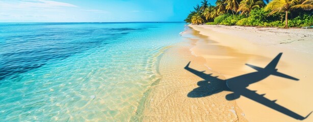 plane's shadow on the beach, with clear blue water and palm trees in background