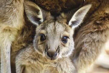 Fototapeta premium Curious baby kangaroo joey peeking out from its mother's pouch, perfect for Australian-themed projects