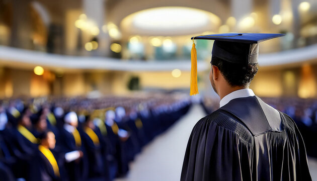University graduates standing in a row to get degree.  view of university graduates wearing graduation gown and cap in the commencement day,