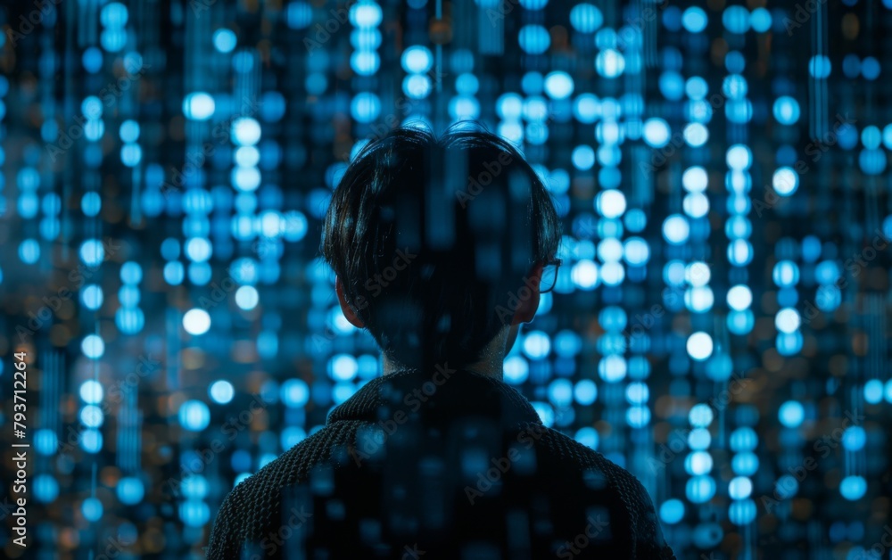 Poster a man stands in front of a wall of lights, creating a futuristic and visually striking scene