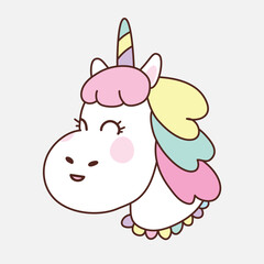 Unicorn vector head, cute baby kawaii design.