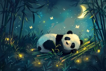 Cute illustration of a baby panda snuggled up in a bed of bamboo, surrounded by fireflies and a crescent moon