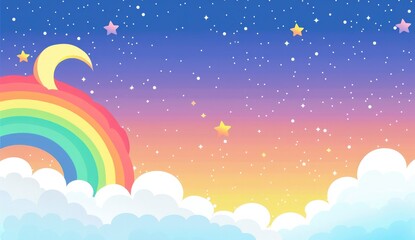 Rainbow and stars in the sky, colorful background, dreamy rainbow color clouds