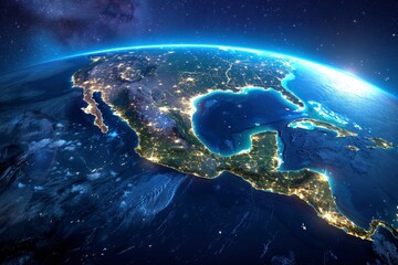 space view of earth with glowing night lights, highlighting Mexico and Canada and stars on background