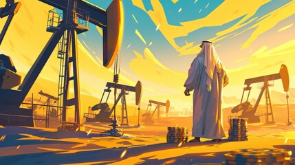Arab sheikh pumps oil in the desert - obrazy, fototapety, plakaty
