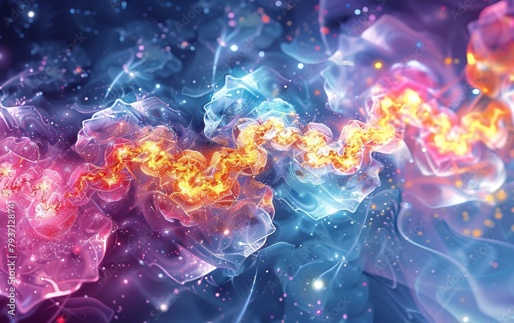 Poster a computer-generated image showcasing a colorful, vibrant substance with surreal elements and sacred