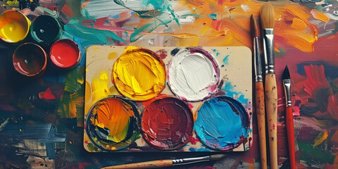 A colorful palette of paint and brushes on an artist's table,  creativity in art or design. 