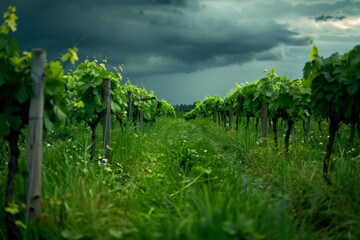 Fototapeta na wymiar Lush vineyard rows stretch under dark, stormy skies, capturing the dramatic contrast between vibrant green growth and the looming threat of rain.