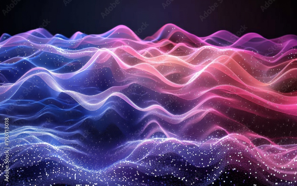 Poster a digital artwork showcasing waves of particles and stars in a dynamic and mesmerizing composition