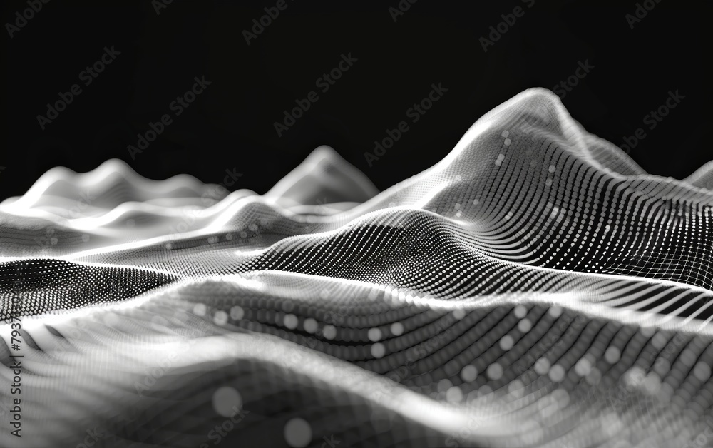 Poster black and white wavy lines creating a wireframe landscape background resembling a cyberspace grid