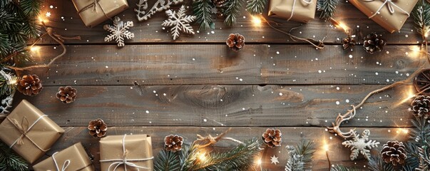 christmas decoration with snowflakes, reindeer, glowing lights, and wrapped gifts on wooden copyspace background. merry christmas - obrazy, fototapety, plakaty