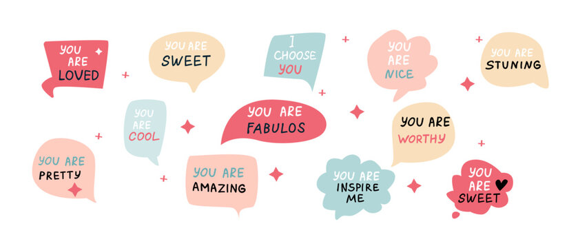 Set of speech bubbles with compliment phrases, self love quotes. Vector illustration can use for banner, poster for World Compliment Day. Uplifting affirmations
