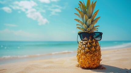 Pineapple in sunglasses on the tropical beach, vacation concept.  - obrazy, fototapety, plakaty