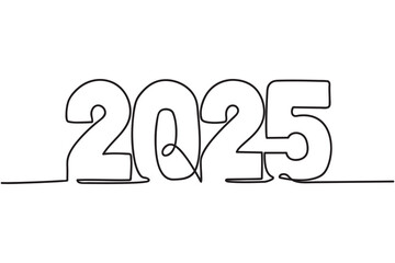 One line 2025 drawing. Continuous drawing, isolated on white background. Vector illustration. New Year design
