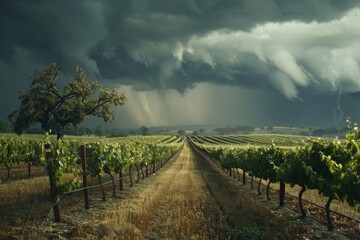 A striking image capturing a vibrant vineyard under the threat of a severe storm, with dark clouds...