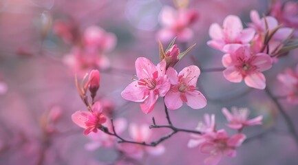 delicate pink peach blossoms on the branch blurred background