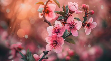 delicate pink peach blossoms on the branch blurred background
