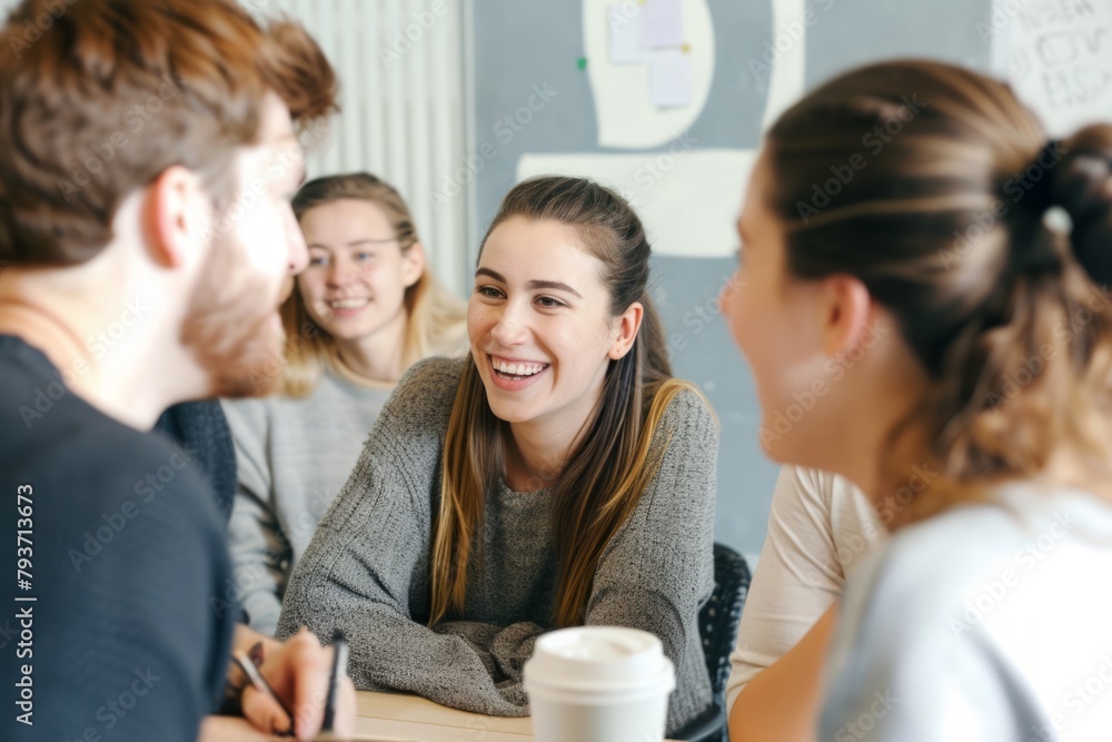 Sticker Group of young people sitting in a cafe, talking and laughing.