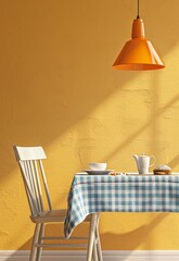 minimal illustration of an interior  dining room with a bright yellow wall, light orange pendant lamp, 1970s mood, a table set and a cup of coffee /tea  and a chair - 793713826