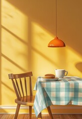 minimal illustration of an interior  dining room with a bright yellow wall, light orange pendant lamp, 1970s mood, a table set and a cup of coffee /tea  and a chair - 793713827