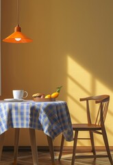 minimal illustration of an interior  dining room with a bright yellow wall, light orange pendant lamp, 1970s mood, a table set and a chair - 793713836