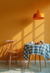 minimal illustration of an interior  dining room with a bright yellow wall, light orange pendant lamp, 1970s mood, a table set and a cup of coffee /tea  and a chair - 793713856