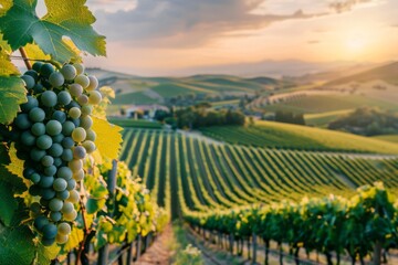 A scenic sunset view of verdant vineyards sprawling across rolling hills. Ripe grapes foregrounding a stunning rural landscape under a golden sky.