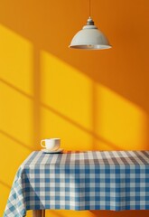 minimal illustration of an interior  dining room with a bright yellow wall, light orange pendant lamp, 1970s mood, a table set and a cup of coffee /tea  and a chair - 793713879