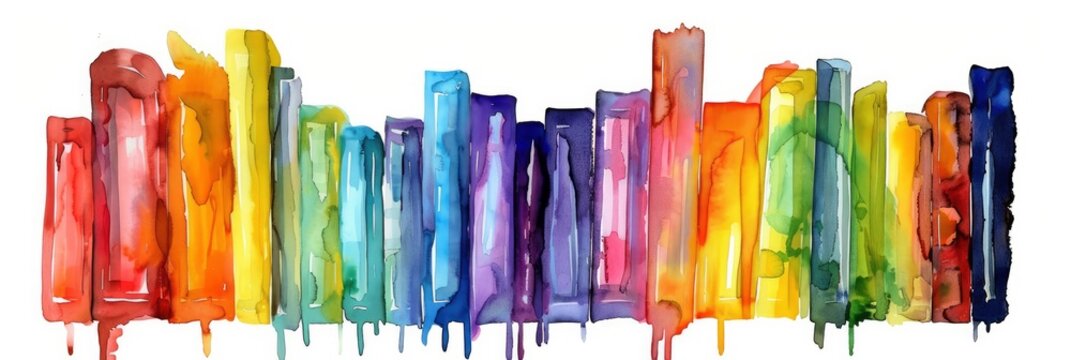 watercolor book spines in rainbow colors on a white background,