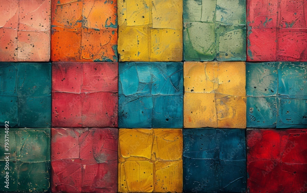 Aufkleber an abstract painting featuring squares in various colors creating a vibrant and eye-catching composi