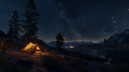 A beautiful lakeside camping scene with a starry night sky, a campfire, and a tent.