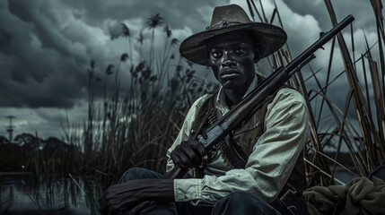 Obraz premium In a bleak marshland, a seated man dressed in early 20th-century attire holds a shotgun