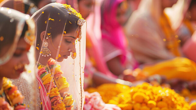 A beautiful Indian bride with a traditional red veil and gold jewelry.