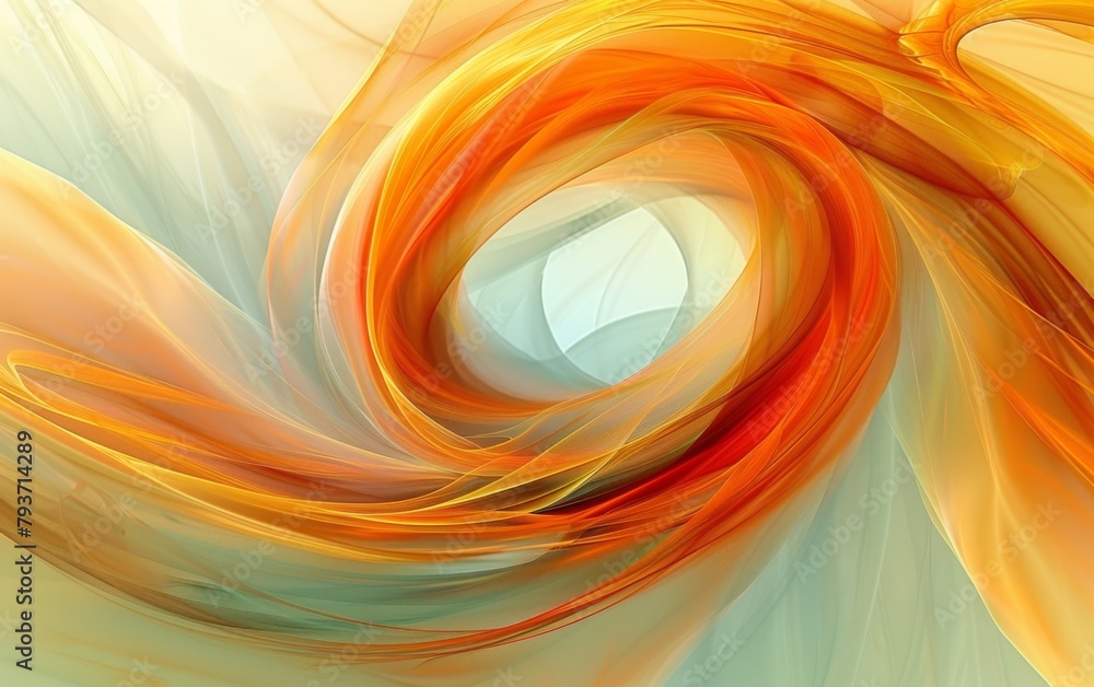 Poster abstract painting featuring swirling patterns in shades of orange and yellow, creating a dynamic and