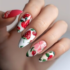 set of spring nails with resd strawberries painted on, fruit design, red and white color, bright background, hands close up - 793714209