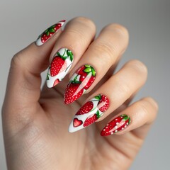 set of spring nails  with  resd strawberries painted on, fruit design, red and white color, bright background,  hands close up - 793714210