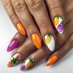 set of spring nails with yellow pineapple  painted on, fruit design,  colorful, bright background, hands close up - 793714211