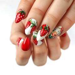 set of spring nails  with  resd strawberries painted on, fruit design, red and white color, bright background,  hands close up