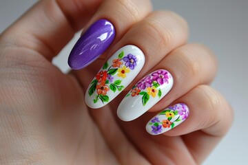set of spring nails with colorful flowers  painted on, fruit design,  colorful, bright background, hands close up manicure - 793714215