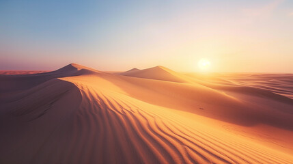 A vast desert landscape with rolling sand dunes under a setting sun.