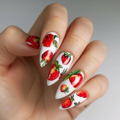 set of spring nails  with  resd strawberries painted on, fruit design, red and white color, bright background,  hands close up - 793714222