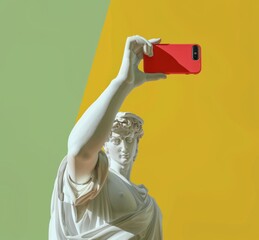  picture illustration of a female with traditional staute sculpture greek head making a selfie picture on camera, pop art style - 793714239