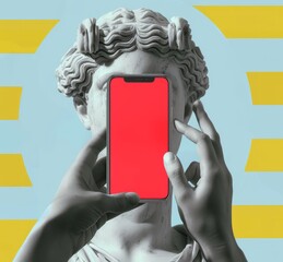  picture illustration of a female with traditional staute sculpture greek head making a selfie picture on camera, pop art style - 793714252