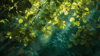 Fototapeta na wymiar green leaves in the sun rays 