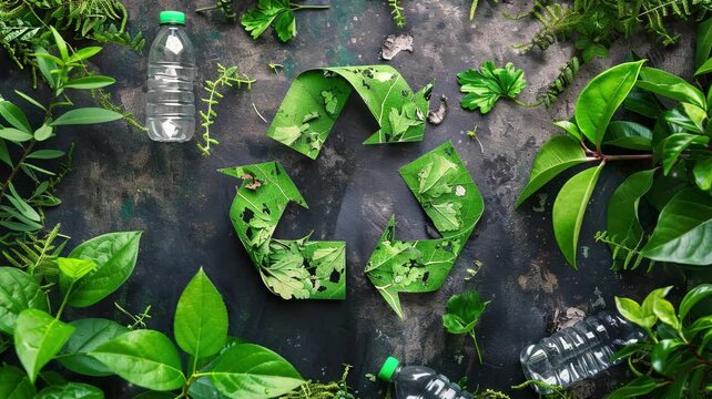 Recycle symbol made of leafy greenery. Conceptual recycling, environmental protection, pollution prevention, eco friendly development conservation, waste reduction, sustainable living. Earth Day	