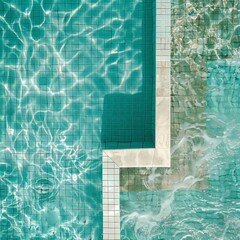overview of brilliant  swimming pool in the style of mosaic, from above, light teal and white,minimalistic serenity 