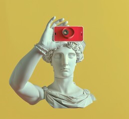  picture illustration of a female with traditional staute sculpture greek head making a selfie picture on camera, pop art style - 793714435